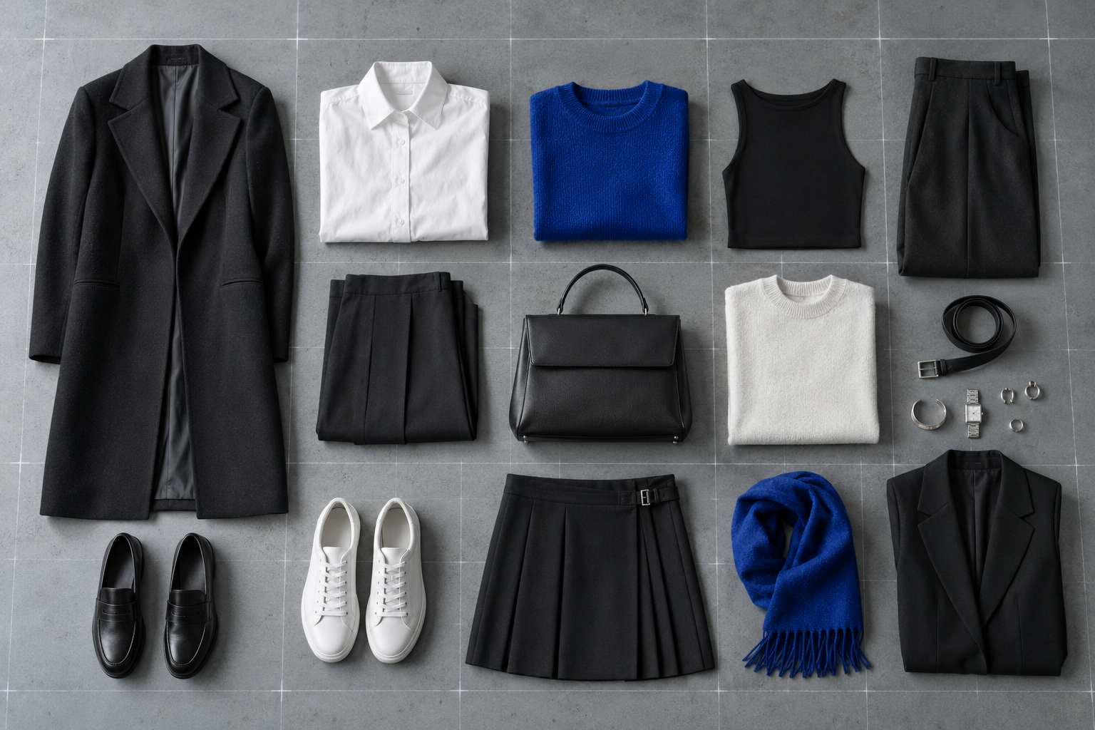 A precisely arranged black, white, and blue capsule wardrobe on a measured studio grid
